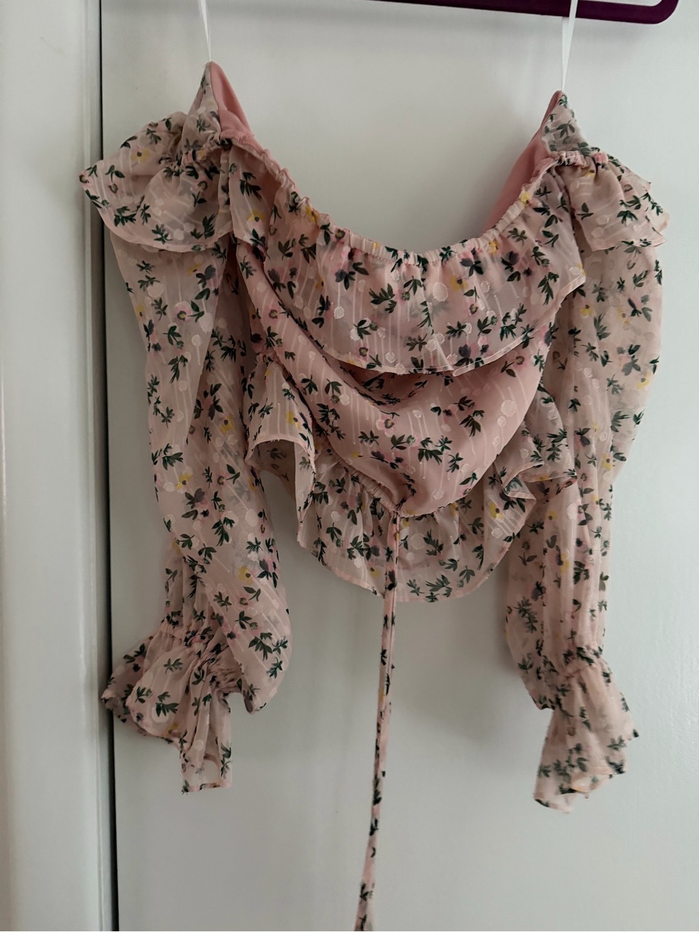 Tularosa Pink Floral Ruffle Off-Shoulder Blouse